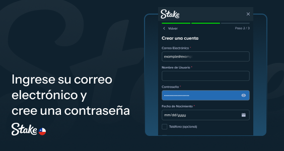 Llene el correo electrónico y cree una contraseña - Registro Stake Chile