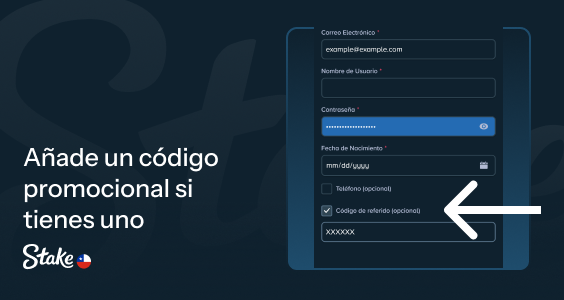 Agregue código de promoción si desea - Registro de Stake Chile